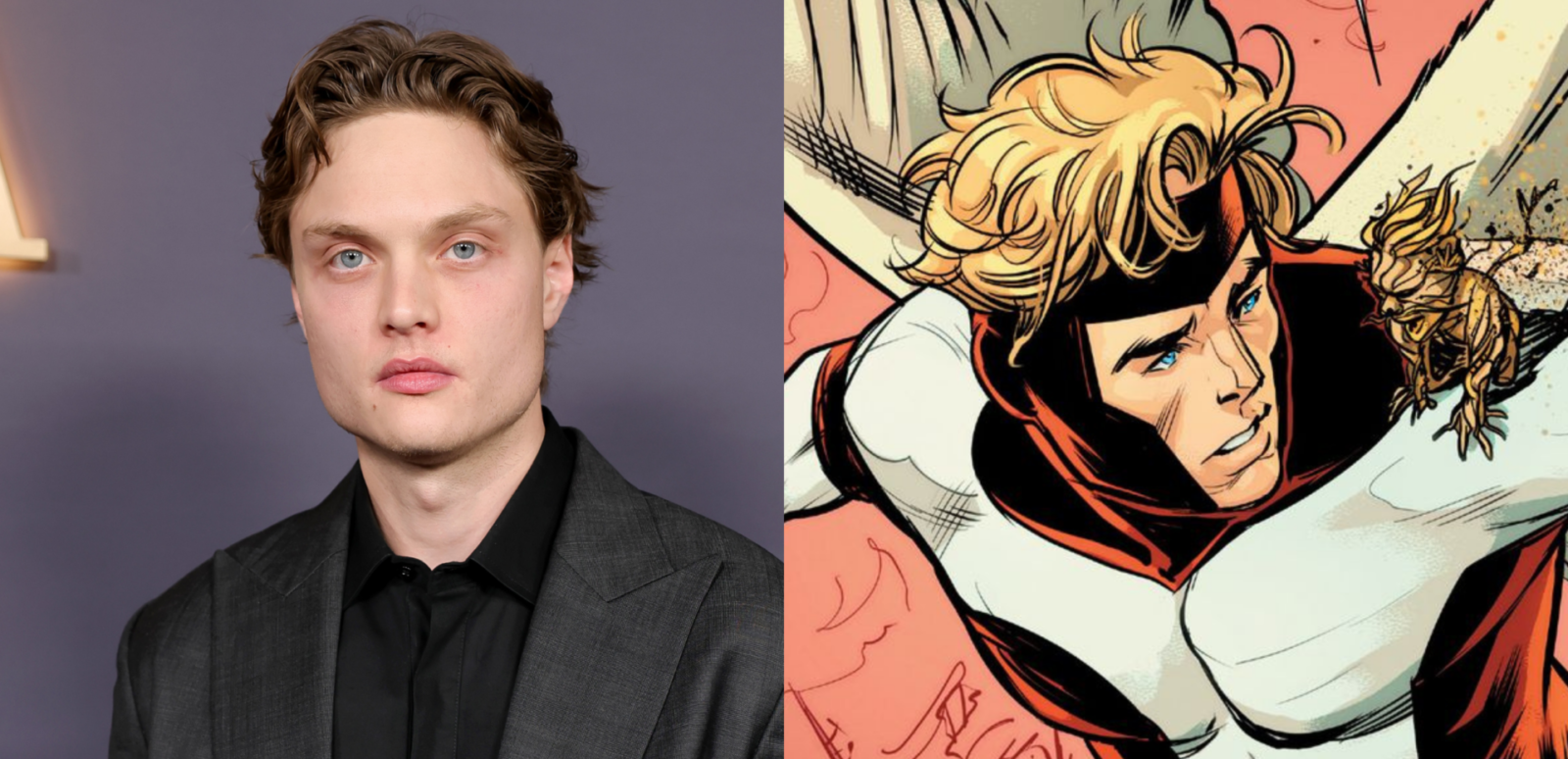 Montagem com o ator Asa Germann e o personagem Anjo, dos X-Men