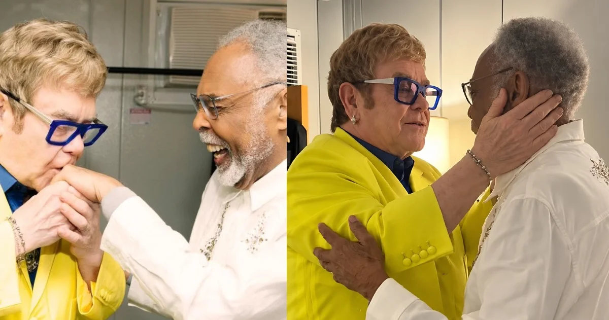 Elton John abraça Gilberto Gil e o chama de 'lenda' no Rock in Rio