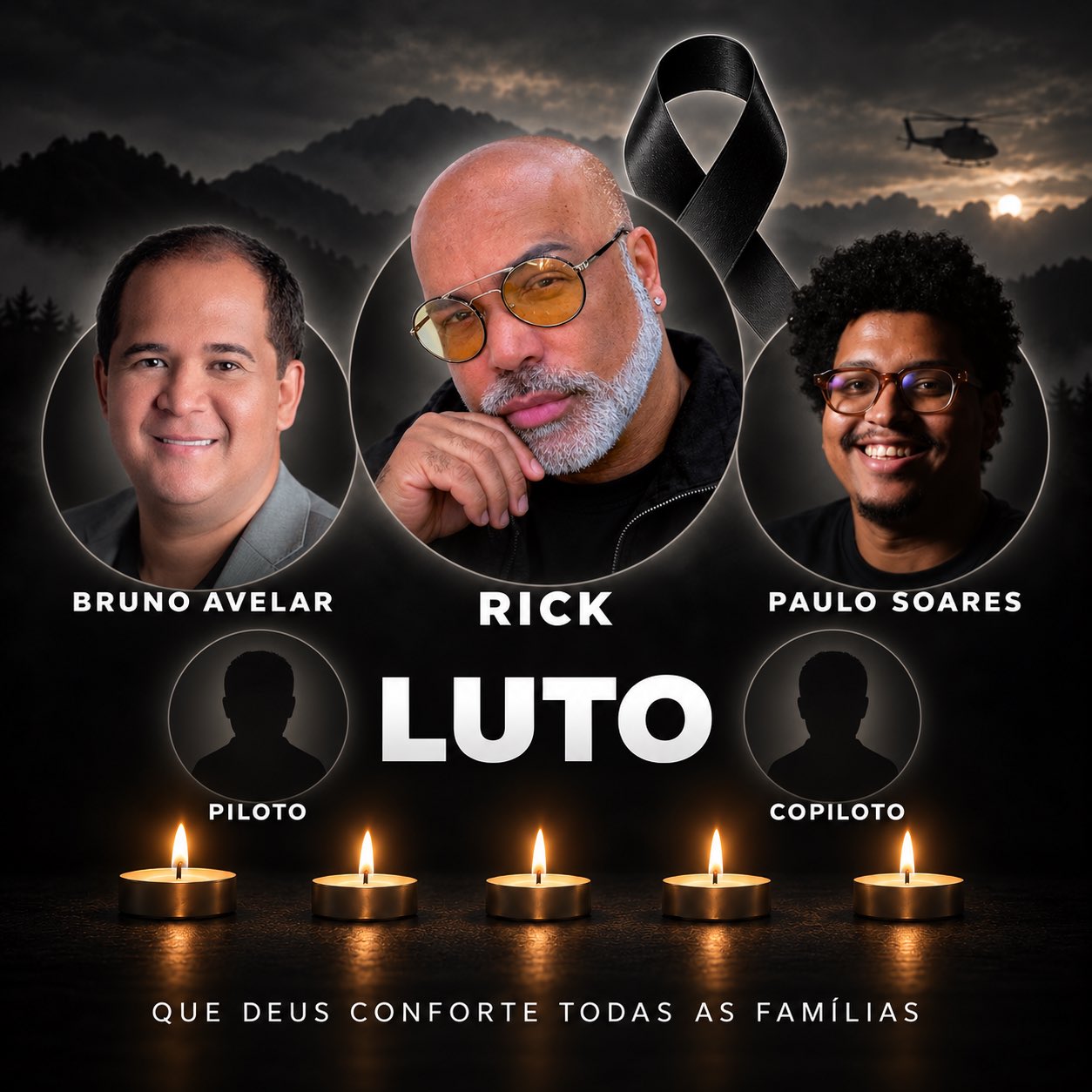 Arte em homenagem às cinco vítimas da queda do helicóptero em Santa Catarina: o cantor Rick, o empresário Bruno Avelar, o videomaker Paulo Soares, o piloto e o copiloto